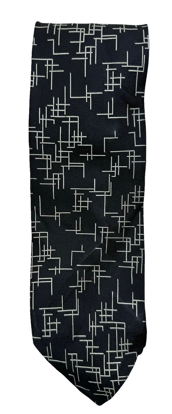 Paul Stuart silk tie black gold geometric lines Designer Classic Luxury